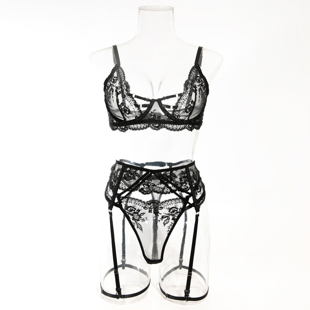 Embroidered Lace Lingerie Set with Suspenders