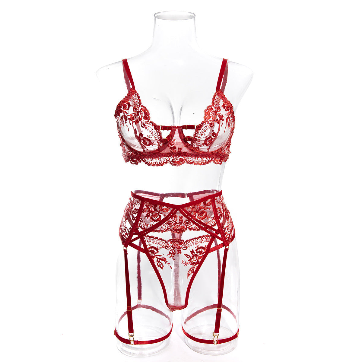 Embroidered Lace Lingerie Set with Suspenders