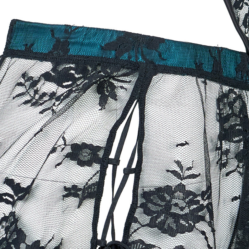 Completo da notte in raso e pizzo celadon