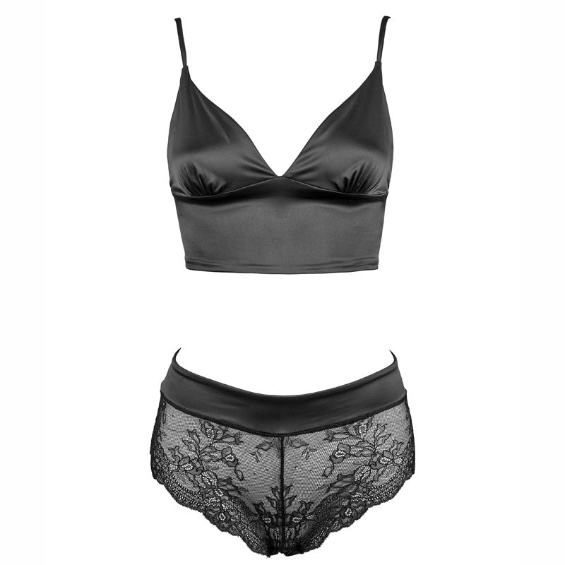 Satin triangle bra and high-waisted lace brief set