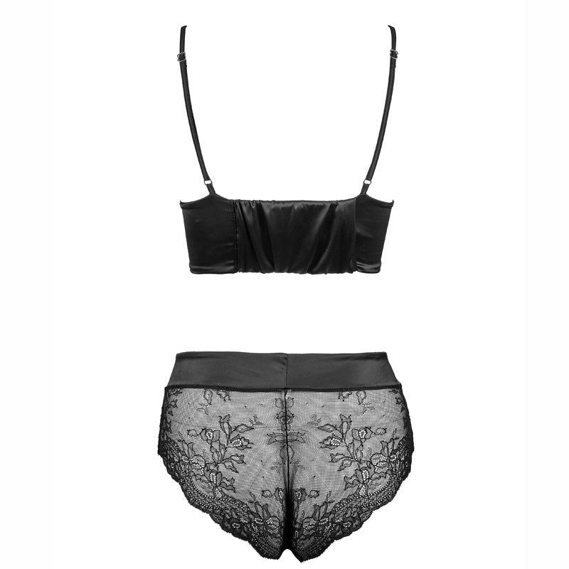 Satin triangle bra and high-waisted lace brief set