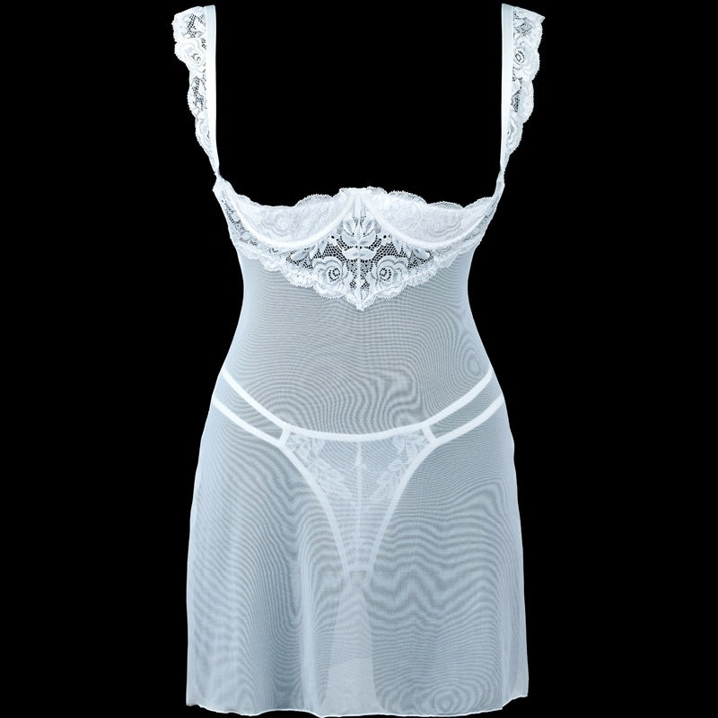 Completo babydoll in chiffon trasparente con coppa aperta